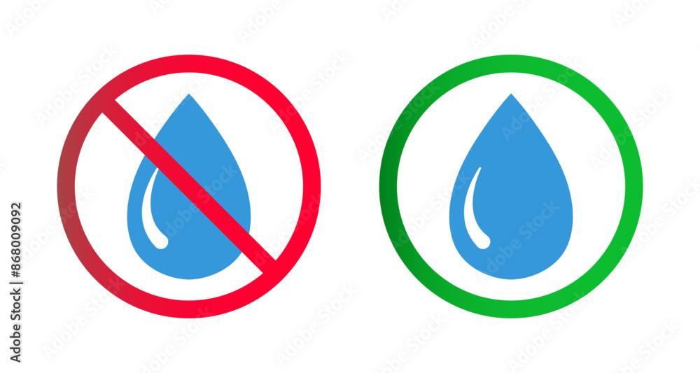 Set of drinking and non-drinking water icon symbol. Water drop and no water ban sign symbol icon. No water drops sign. Water droplets icon collection in the red and green circle. Vector illustration. Set of drinking and non-drinking water icon symbol. Water drop and no water ban sign symbol icon. No water drops sign. Water droplets icon collection in the red and green circle. Vector illustration.