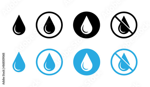 No water drop vector icon. No water drop sign symbol. Water drops icon set in black and blue color. Water droplets icon collection in the circle. Waterproof Surface Required. Vector illustration.