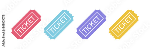 Set of colorful ticket icon. Blank template tickets icon. Cinema, theatre, concert or event pass symbol isolated on white background. Vector illustration.
