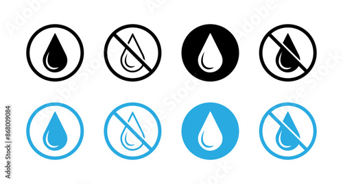 No water drop vector icon. Water drops icon set in black and blue color. Water droplets icon collection in the circle. Waterproof surface required. Don't use water, not waterproof sign symbol.