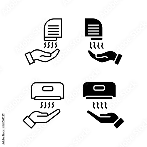 Hands under hand dryer icon set. Thin line icon. Restroom equipment  color editable
