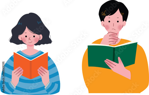 フラットでシンプルな大きな本に座って読書する大人の黒髪の女性のイラスト