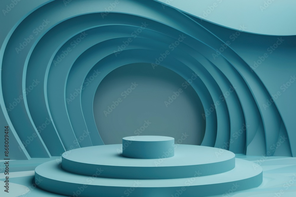 Fototapeta premium Minimalist blue podium stage for product display against an abstract curved background. Concept of showcase, presentation, and modern design.