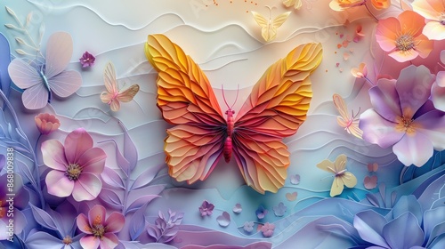 Exquisite craftsmanship: colorful butterfly and flower organic paper sculpture design, an illustration of dreamy romance, perfect for banner, capturing the beauty of nature in intricate detail.