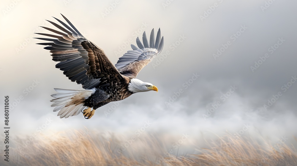 A bald eagle circling above a meadow, looking for prey. List of Art Media Minimalist realistic A bald eagle circling above a meadow, looking for prey. List of Art Media Minimalist realistic
