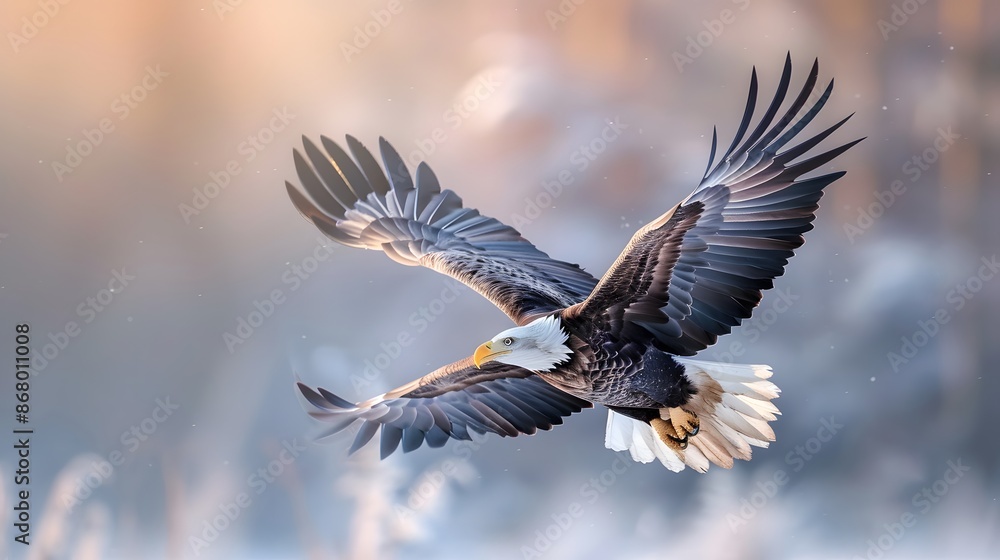 A bald eagle flying over a city skyline, blending nature with urban life. List of Art Media Minimalist realistic A bald eagle flying over a city skyline, blending nature with urban life. List of Art Media Minimalist realistic