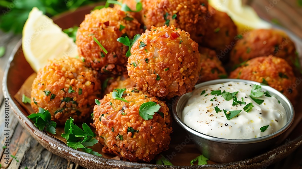 Close-Up of Crispy Falafel with Tahini Sauce Close-Up of Crispy Falafel with Tahini Sauce