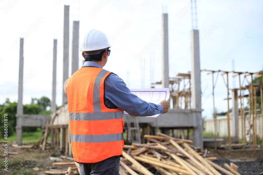 Young professional engineer in hat and blueprint paper is working...At the house construction site. Motivation: success, career growth. achieving goals Young professional engineer in hat and blueprint paper is working...At the house construction site. Motivation: success, career growth. achieving goals