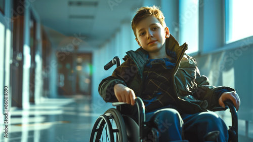 A disabled boy in a wheelchair is sitting in the hospital corridor waiting for his tests. He accepts himself and understands what awaits him