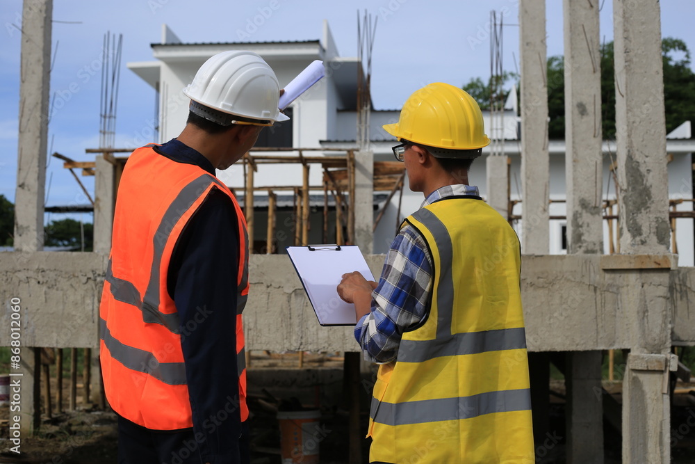 Young professional engineer in hat and blueprint paper is working...At the house construction site. Motivation: success, career growth. achieving goals Young professional engineer in hat and blueprint paper is working...At the house construction site. Motivation: success, career growth. achieving goals