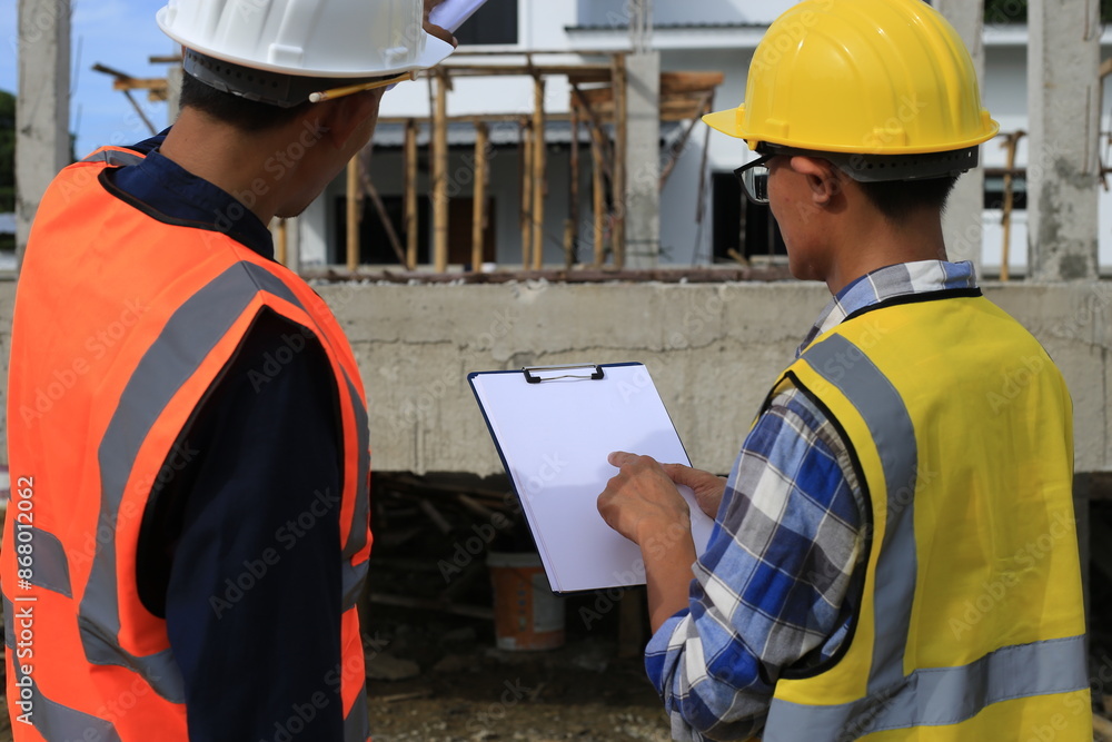 Young professional engineer in hat and blueprint paper is working...At the house construction site. Motivation: success, career growth. achieving goals Young professional engineer in hat and blueprint paper is working...At the house construction site. Motivation: success, career growth. achieving goals