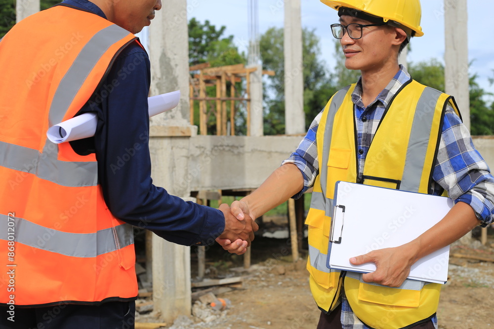 Young professional engineer in hat and blueprint paper is working...At the house construction site. Motivation: success, career growth. achieving goals Young professional engineer in hat and blueprint paper is working...At the house construction site. Motivation: success, career growth. achieving goals
