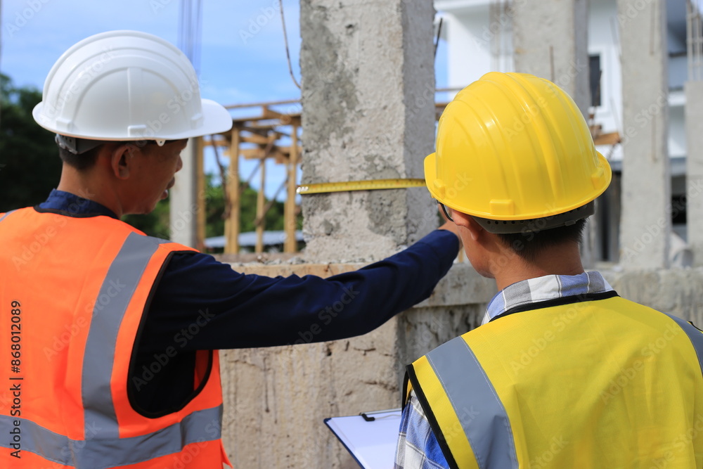 Young professional engineer in hat and blueprint paper is working...At the house construction site. Motivation: success, career growth. achieving goals