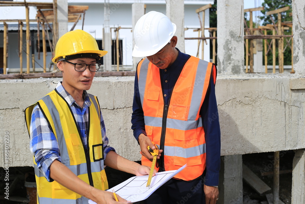 Young professional engineer in hat and blueprint paper is working...At the house construction site. Motivation: success, career growth. achieving goals Young professional engineer in hat and blueprint paper is working...At the house construction site. Motivation: success, career growth. achieving goals