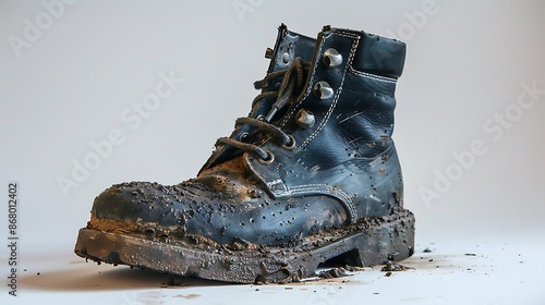 A muddy black boot with laces and thick tread sits on a white surface photo