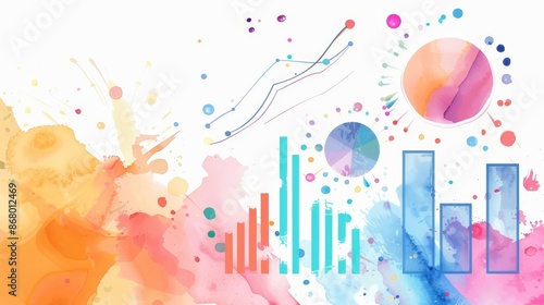 Vibrant watercolor abstract with colorful bar and line charts, blending artistic and data visualization elements.