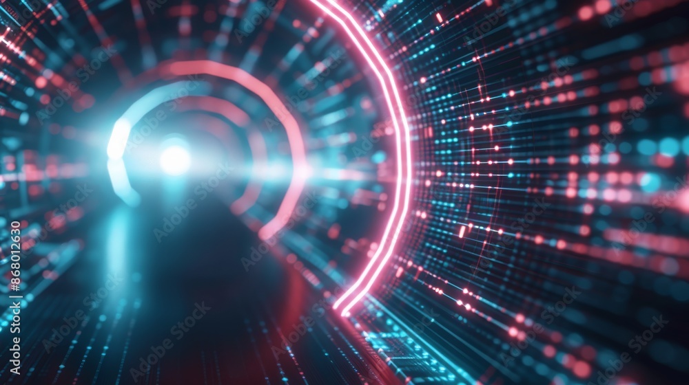 Futuristic digital tunnel with vibrant neon lights and intricate data patterns, symbolizing speed, connection, and advanced technology. Futuristic digital tunnel with vibrant neon lights and intricate data patterns, symbolizing speed, connection, and advanced technology.