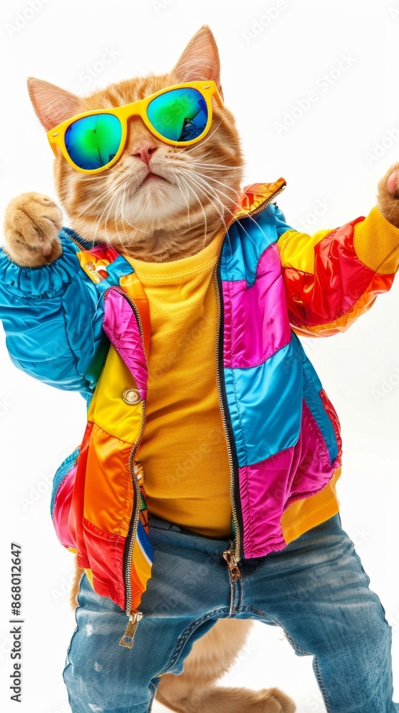 Fototapeta premium Colorful Cats Wearing Sunglasses Dancing on Background, Fun Pet Party Invitation, Stylish and Tech-Savvy, Holiday Cheer, AI-Generated High-Resolution Wallpaper for Festive Occasions