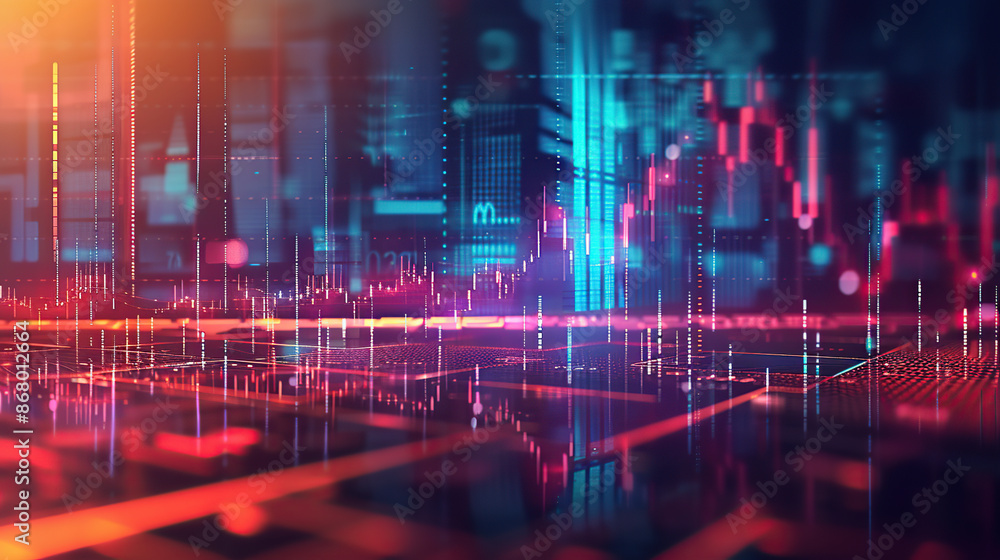 A digital illustration of stock market charts and graphs with glowing lines A digital illustration of stock market charts and graphs with glowing lines