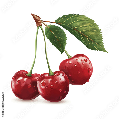 vector Ripe cherries with simple stems and green leaves