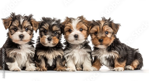 Four Adorable Yorkshire Terrier Puppies Sitting in a Row on White Background