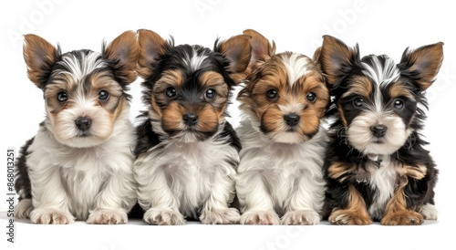 Four Adorable Yorkshire Terrier Puppies Sitting in a Row on White Background