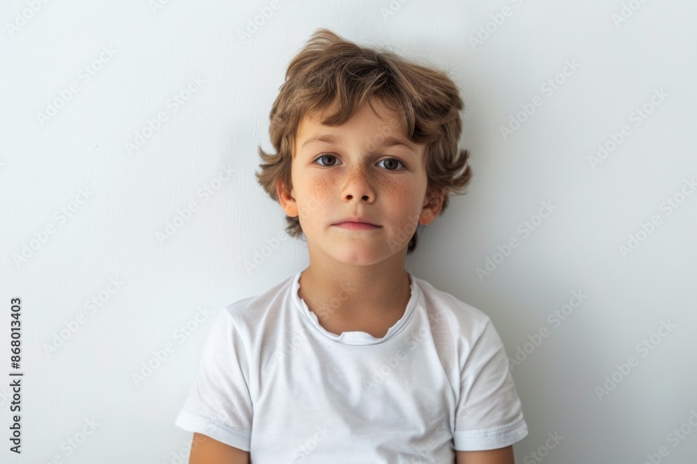 Boy with Freckles and Bright Eyes Wearing a White T-shirt Leaning Against Wall Boy with Freckles and Bright Eyes Wearing a White T-shirt Leaning Against Wall