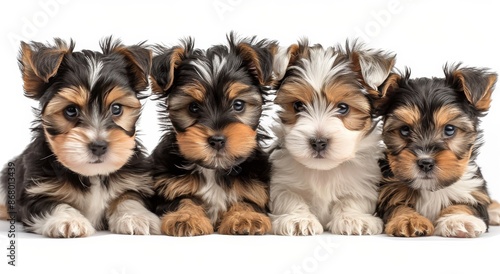 Four Adorable Yorkshire Terrier Puppies Sitting in a Row on White Background