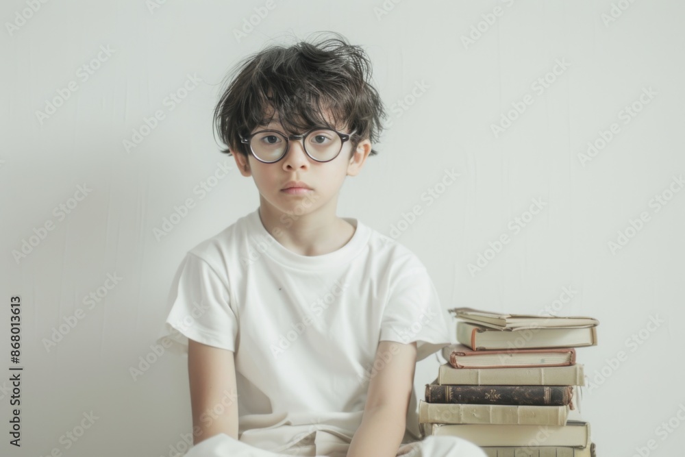 Boy with Glasses Sitting by a Stack of Books Looking Serious