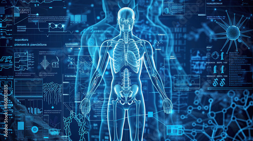 A digital blue background with an overlay of human anatomy and medical diagrams