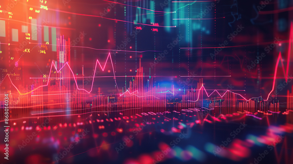 A digital illustration of stock market charts and graphs with glowing lines A digital illustration of stock market charts and graphs with glowing lines
