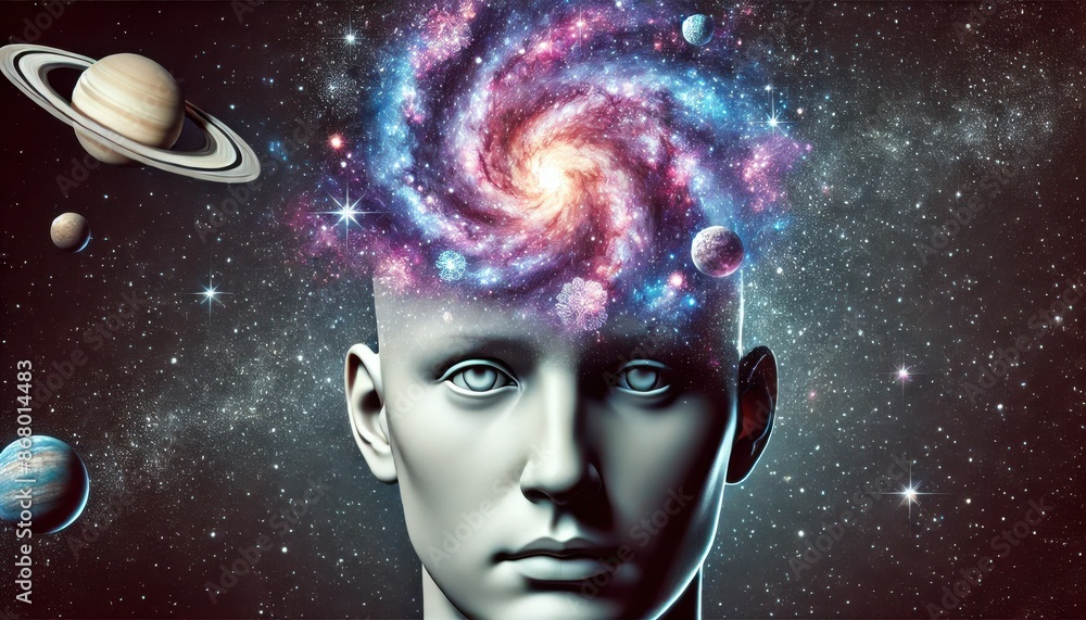 Surreal Cosmic Mind Concept Art: Human Head with Galaxies and Planets in Outer Space Visualizing Infinite Thinking and Imagination Surreal Cosmic Mind Concept Art: Human Head with Galaxies and Planets in Outer Space Visualizing Infinite Thinking and Imagination