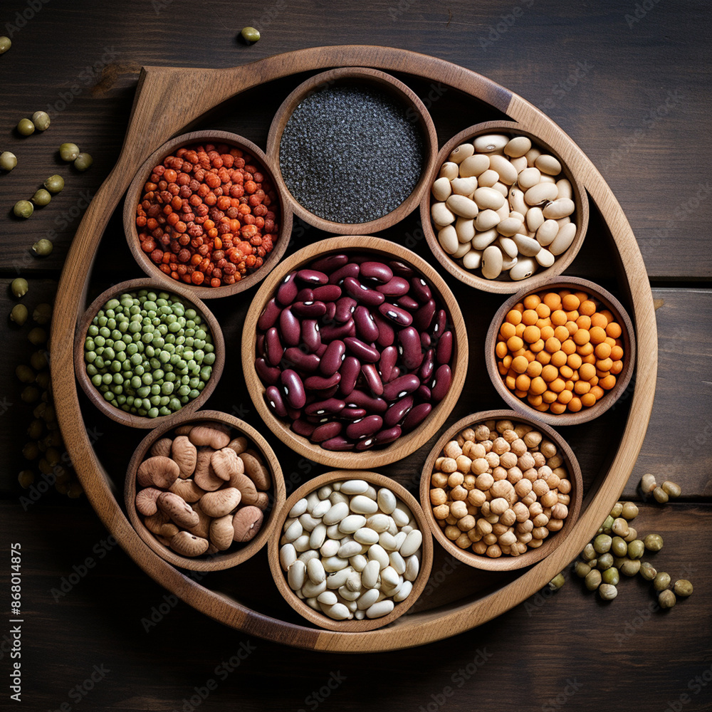 A rustic wooden serving tray holds an array of different dried beans, artfully arranged to showcase their rich hues and varied shapes. A rustic wooden serving tray holds an array of different dried beans, artfully arranged to showcase their rich hues and varied shapes.