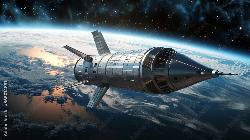 Fototapeta premium Spaceship orbiting planet in futuristic galaxy exploration, AI Generative.