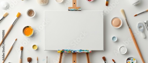 Top view of blank canvas on an easel surrounded by various painting tools and supplies, ready for an artist's creative touch. photo