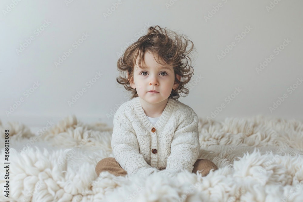 Cute toddler in cozy sweater sitting on a fluffy rug with curious expression Cute toddler in cozy sweater sitting on a fluffy rug with curious expression