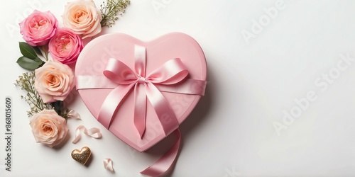 pink heartshaped gift box with ribbon and flowers on t background