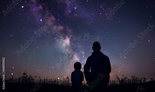 Father and child sitting together under the starry sky watching stars