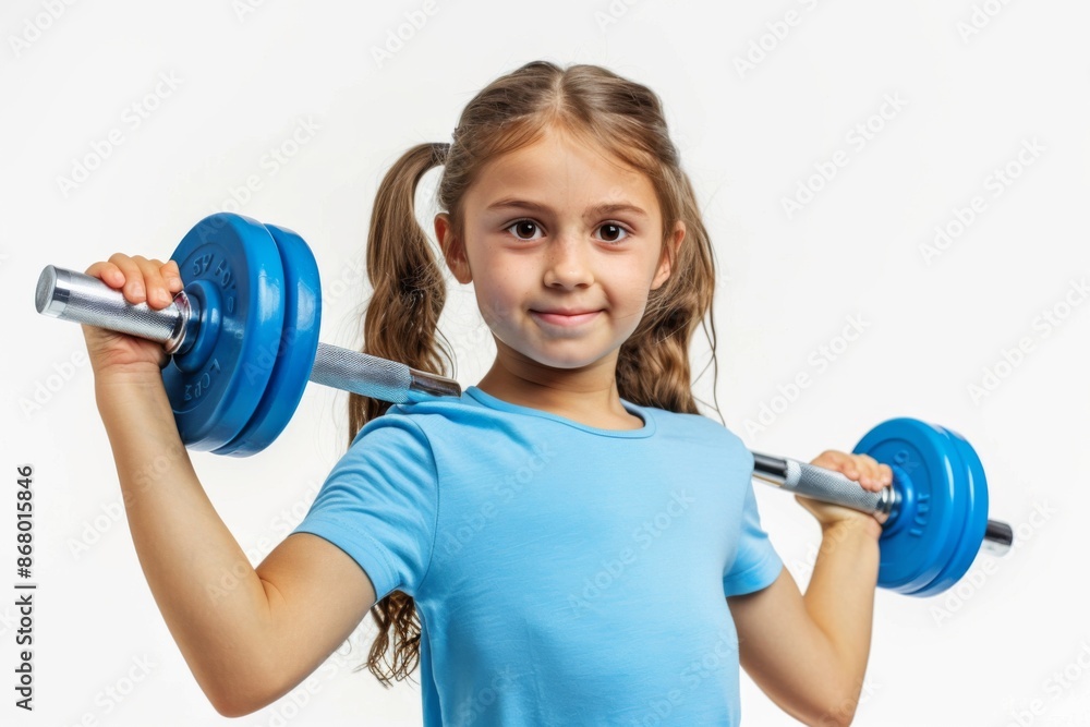 Obraz premium Girl lifting weights with a determined expression and pigtails