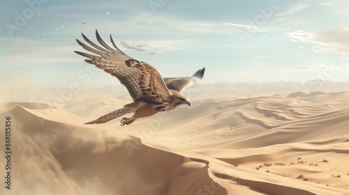A lone hawk flying over an expansive desert landscape with sand dunes in the background. photo