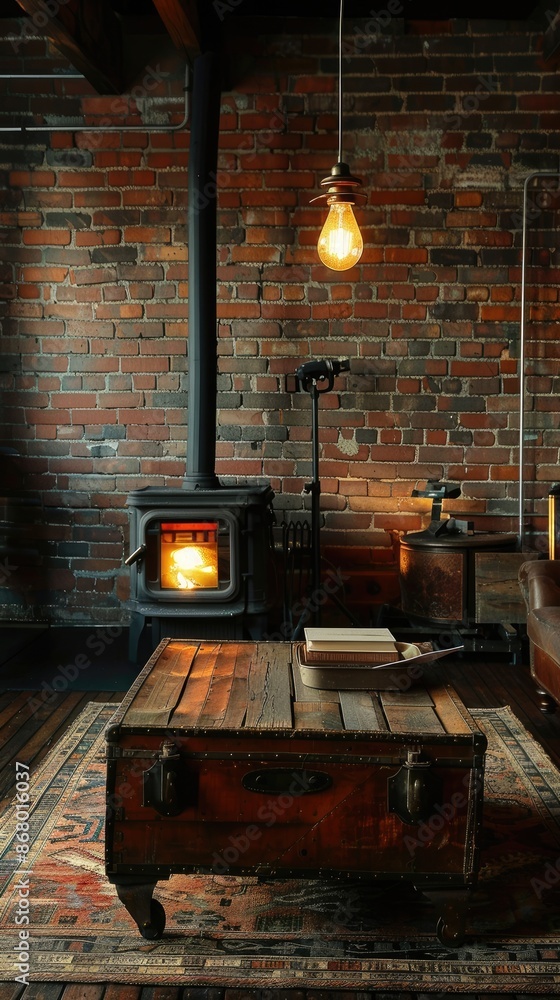 custom made wallpaper toronto digitalGlimpse into Moody Living Room with Fireplace, Brick Wall, Metal Signage