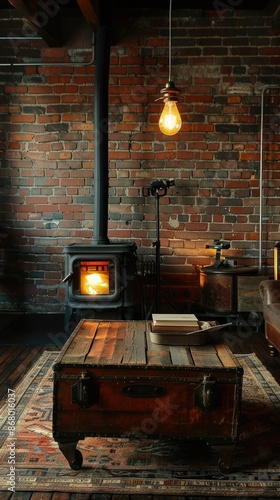 Wallpaper Mural Glimpse into Moody Living Room with Fireplace, Brick Wall, Metal Signage Torontodigital.ca