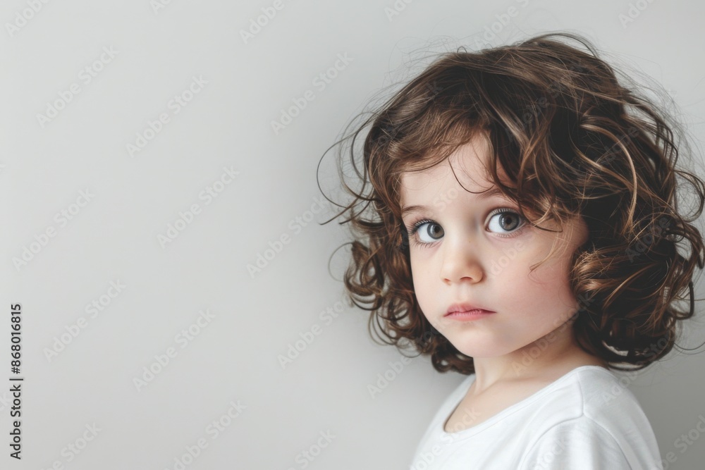 Little girl with curly hair looking sideways with a serious expression Little girl with curly hair looking sideways with a serious expression