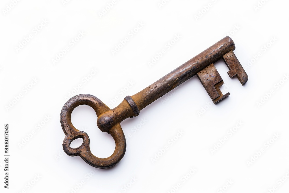 Old rusty key on a white background, symbolizing history and mystery Old rusty key on a white background, symbolizing history and mystery
