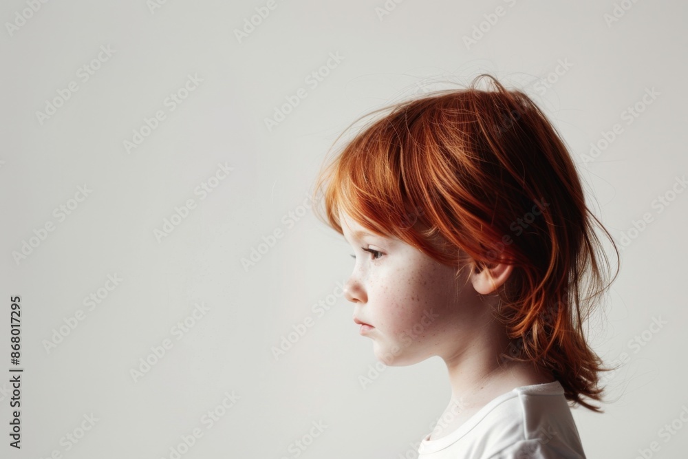 Red Haired Child Looking Left Against A Light Neutral Background Red Haired Child Looking Left Against A Light Neutral Background