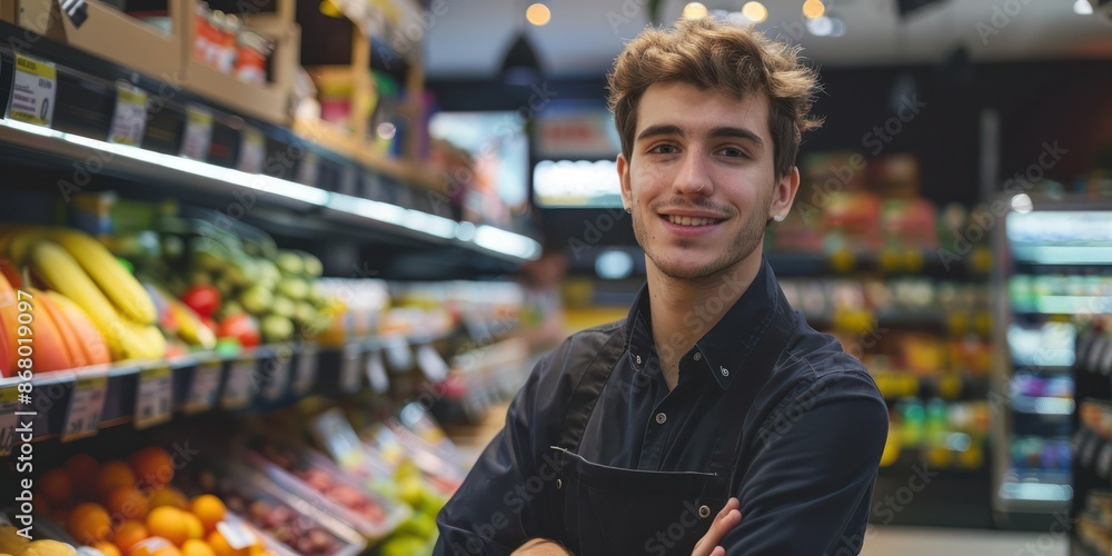 Smiling young male supermarket worker looking at the camera inside the grocery store. Smiling young male supermarket worker looking at the camera inside the grocery store.