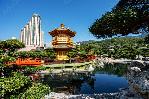 Photography Golden pagoda of Nan lian garden in Hong Kong city