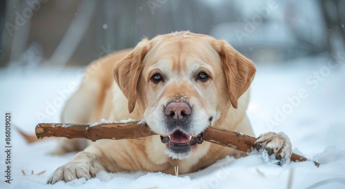 Golden Retriever Chewing Stick in Winter Snow