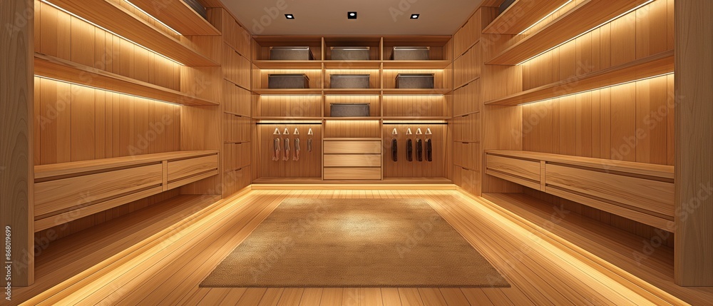 Obraz premium Lighted walk-in wardrobe closet that is empty