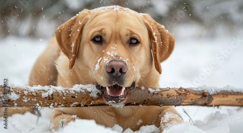 Golden Retriever Chewing Stick in Winter Snow